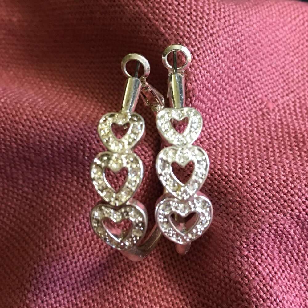 Silvertone Three Heart Rhinestone Hoop Earrings